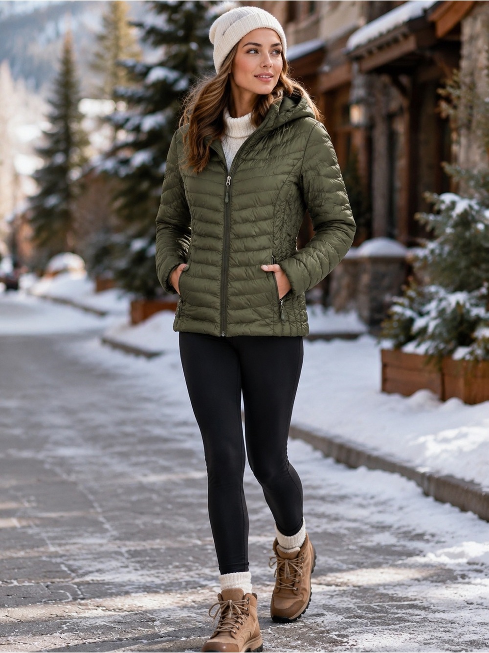 HeatKeep Women’s Small Olive Green Hooded Down Puffer Jacket Lightweight